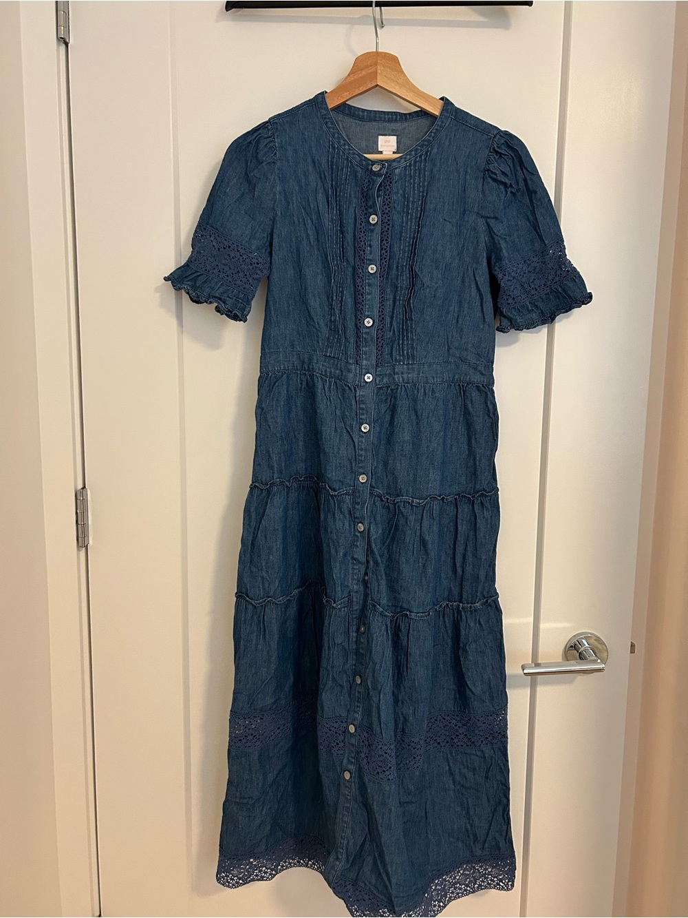 Denim Button-Front Maxi Dress in Dark Blue